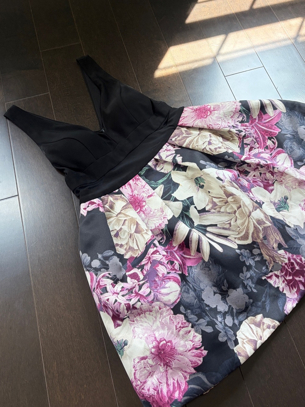 Floral A-Line dress with Black Waist Panel - Pink & Black